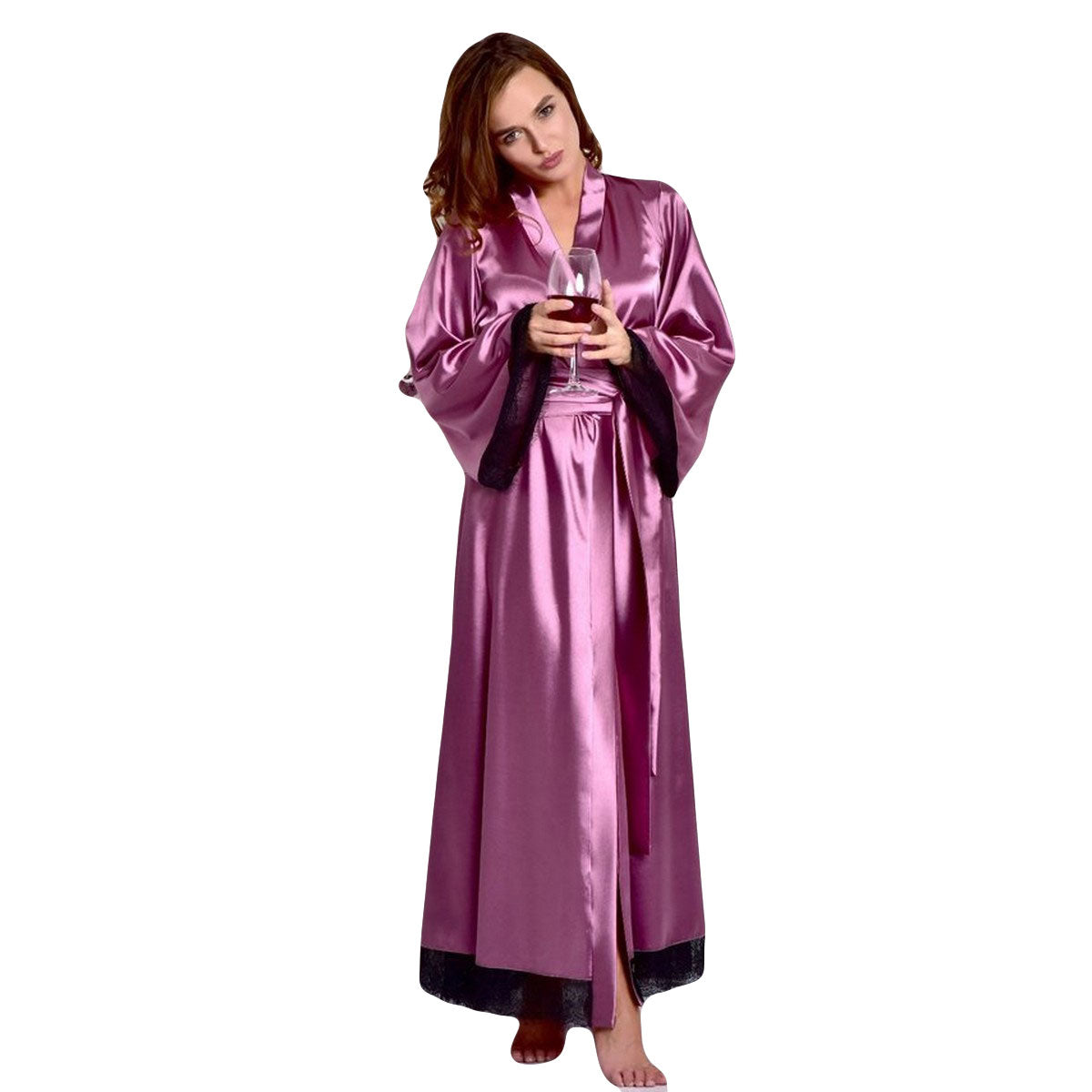Silk long Gown with lace black / light purple Nighty Nightwear Sleepwear Night Dress