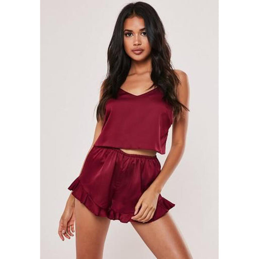 Maroon Satin (2piece) Top And Short camisole cami frill neeker short set nightwear  Sleepwear soft and comfortable