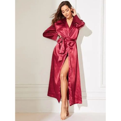 Silk long Gown Maroon Nighty Nightwear Sleepwear Night Dress